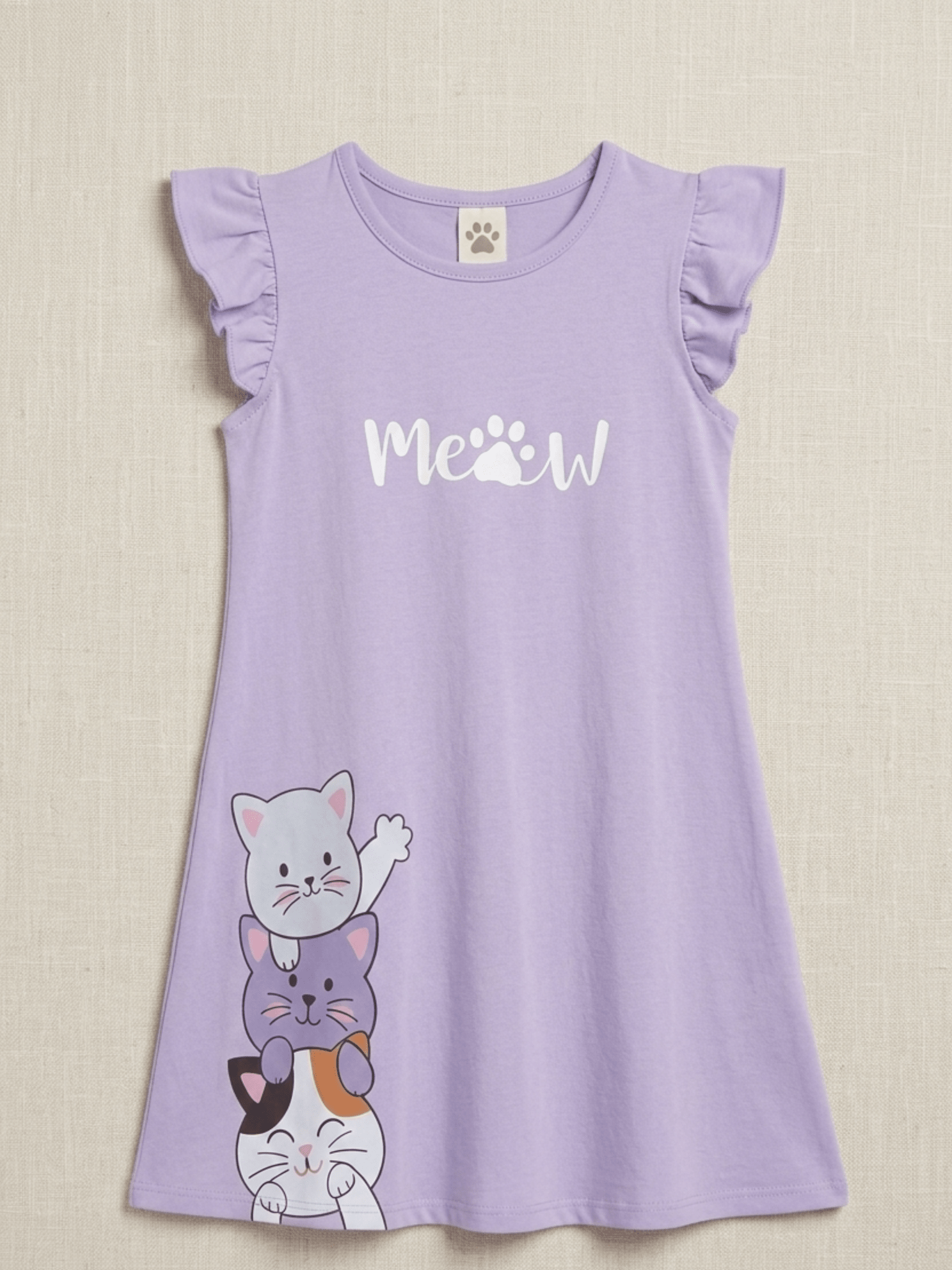 Girls' Lavender "Meow" Cat Graphic Flutter Sleeve Dress