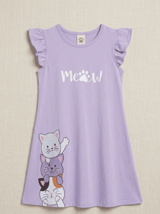 Girls' Lavender "Meow" Cat Graphic Flutter Sleeve Dress