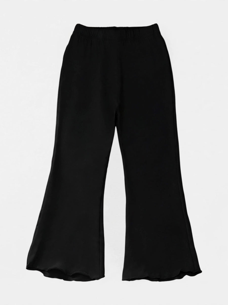 Girls black lettuce-hem flare pants with elastic waist