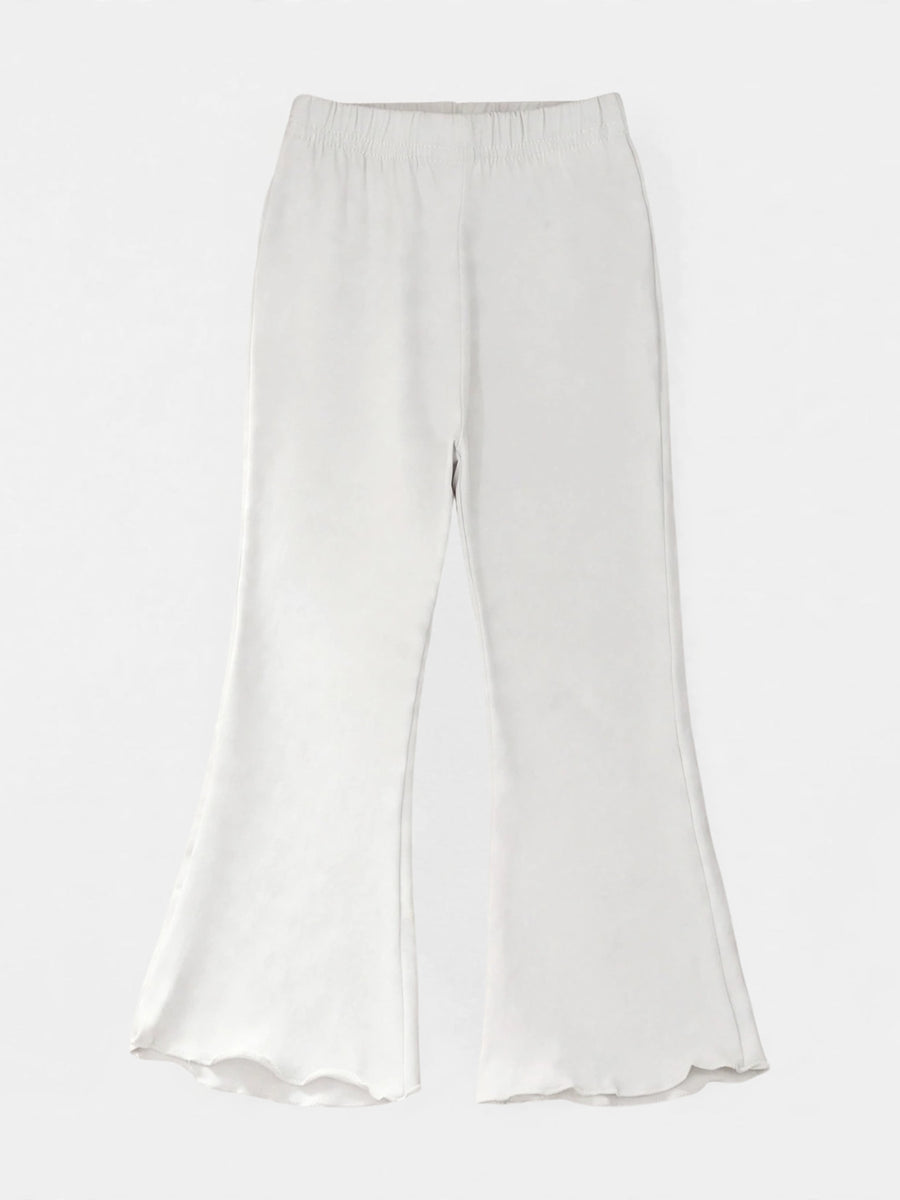 Girls white lettuce-hem flare pants with elastic waist