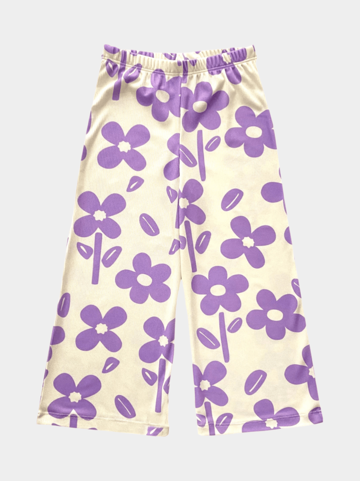 Girls' Lilac Floral Print Ribbed Wide Leg Pants