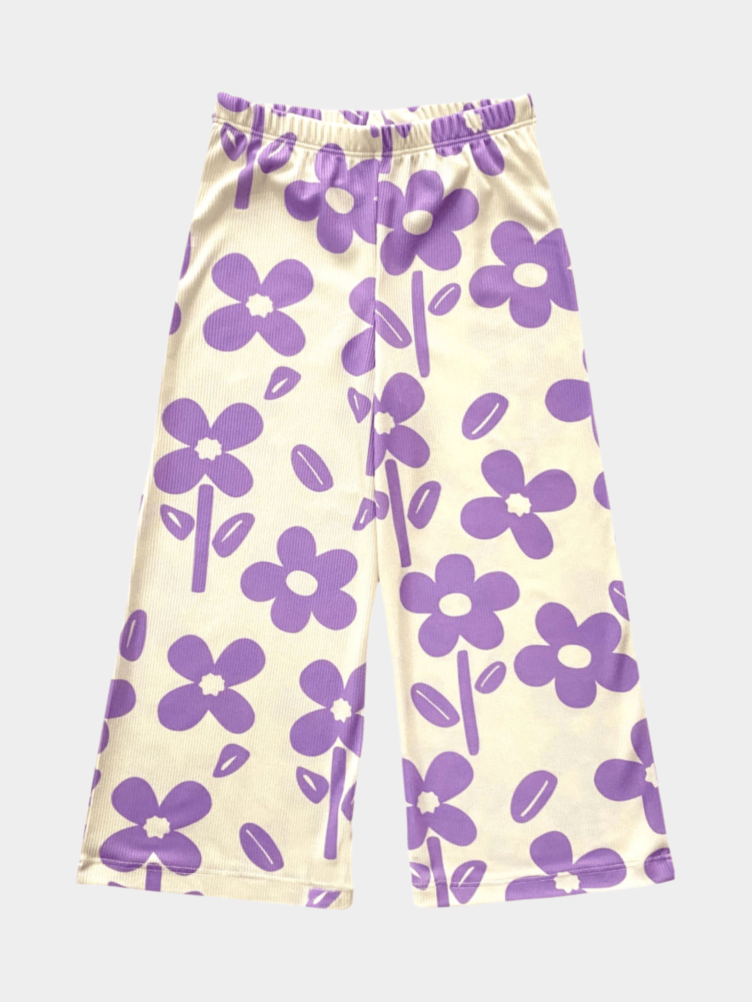 Girls' Lilac Floral Print Ribbed Wide Leg Pants