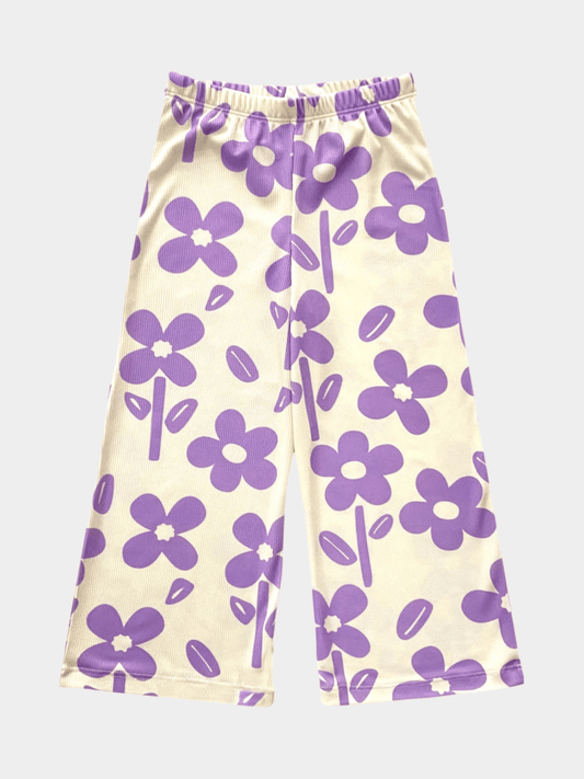 Girls' Lilac Floral Print Ribbed Wide Leg Pants
