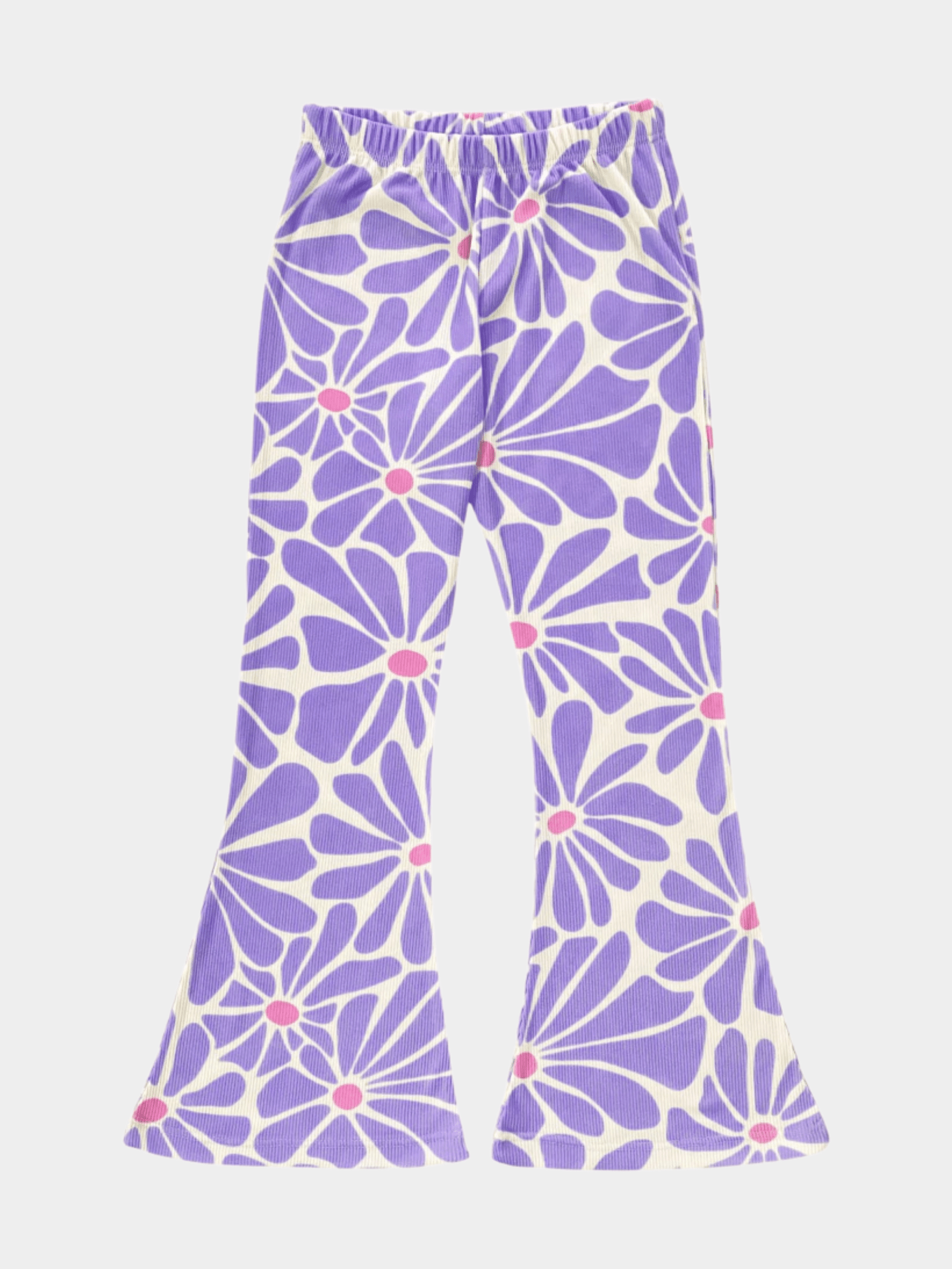 Girls' Lilac Retro Daisy Print Ribbed Flared Pants