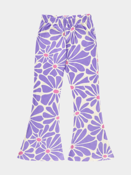 Girls' Lilac Retro Daisy Print Ribbed Flared Pants