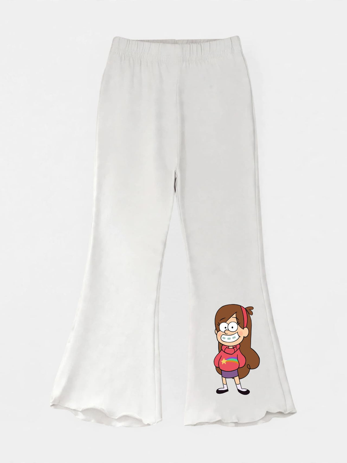 Girls white flare pants with Mabel Pines Gravity Falls print and lettuce hem