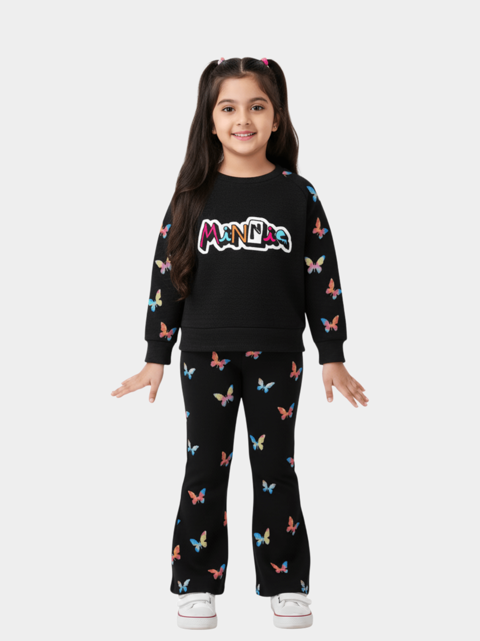 Girls' 'Minnae' Logo Black Sweatshirt with Butterfly Sleeves & Print Flare Trousers Set