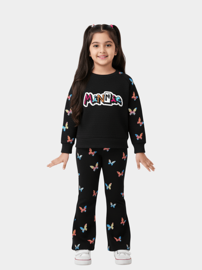 Girls' 'Minnae' Logo Black Sweatshirt with Butterfly Sleeves & Print Flare Trousers Set