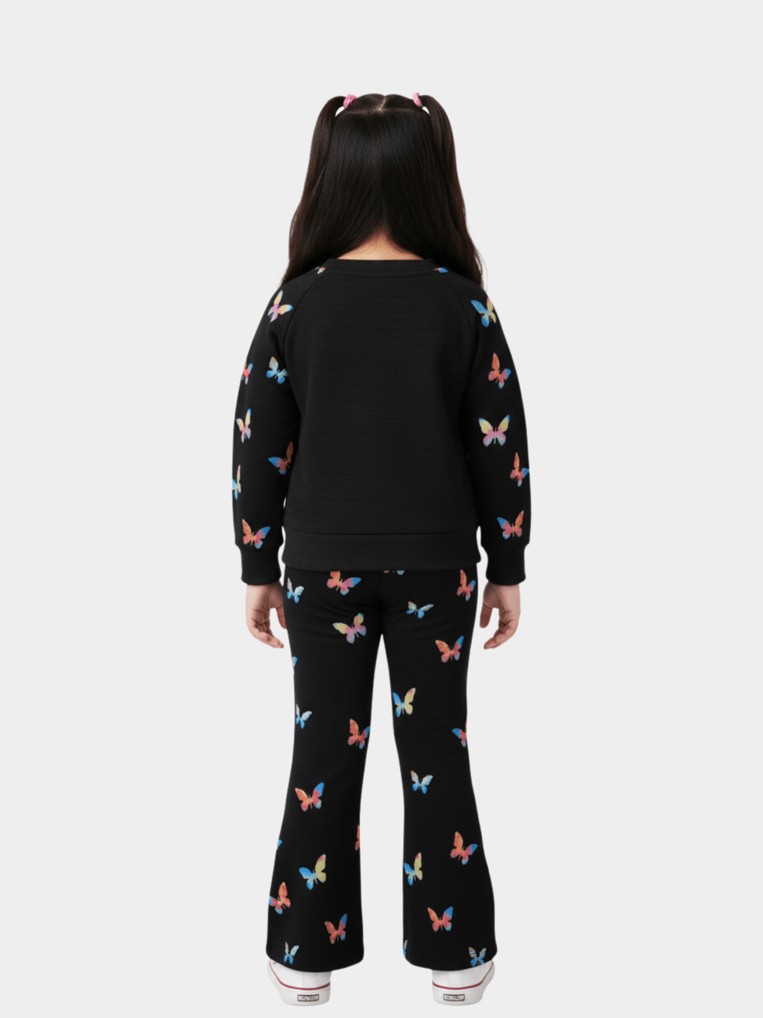 Girls' 'Minnae' Logo Black Sweatshirt with Butterfly Sleeves & Print Flare Trousers Set