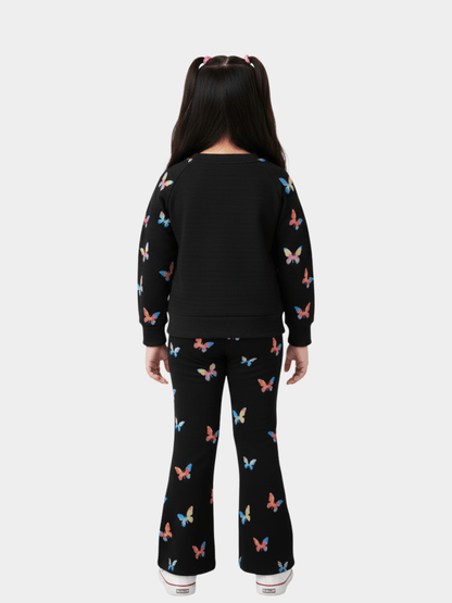 Girls' 'Minnae' Logo Black Sweatshirt with Butterfly Sleeves & Print Flare Trousers Set