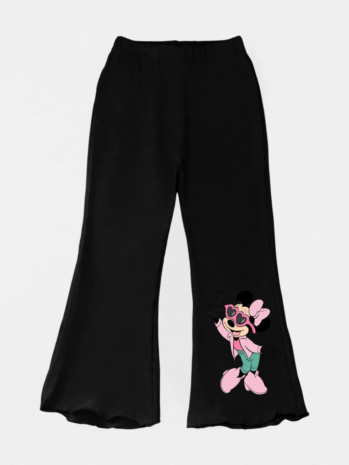 Girls black flare pants with Minnie Mouse print and lettuce hem
