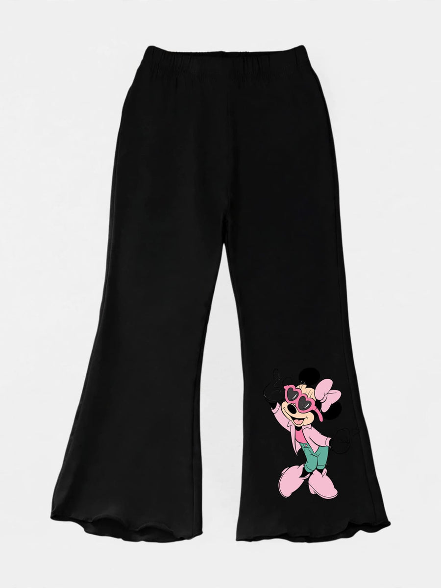 Girls black flare pants with Minnie Mouse print and lettuce hem