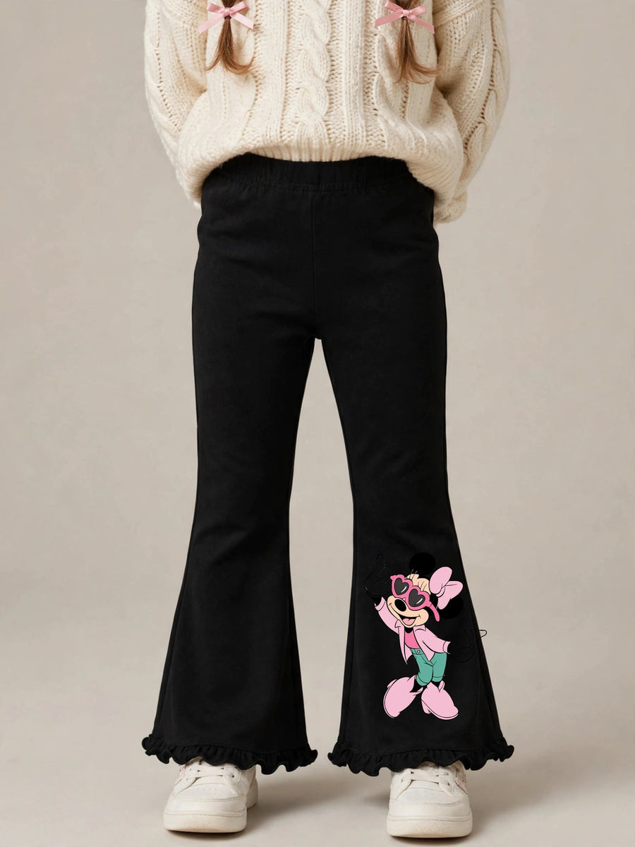 Girls Minnie Mouse Print Flare Pants - Black