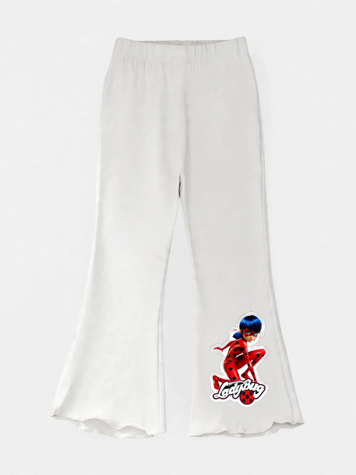 Girls white flare pants with Miraculous Ladybug print and lettuce hem