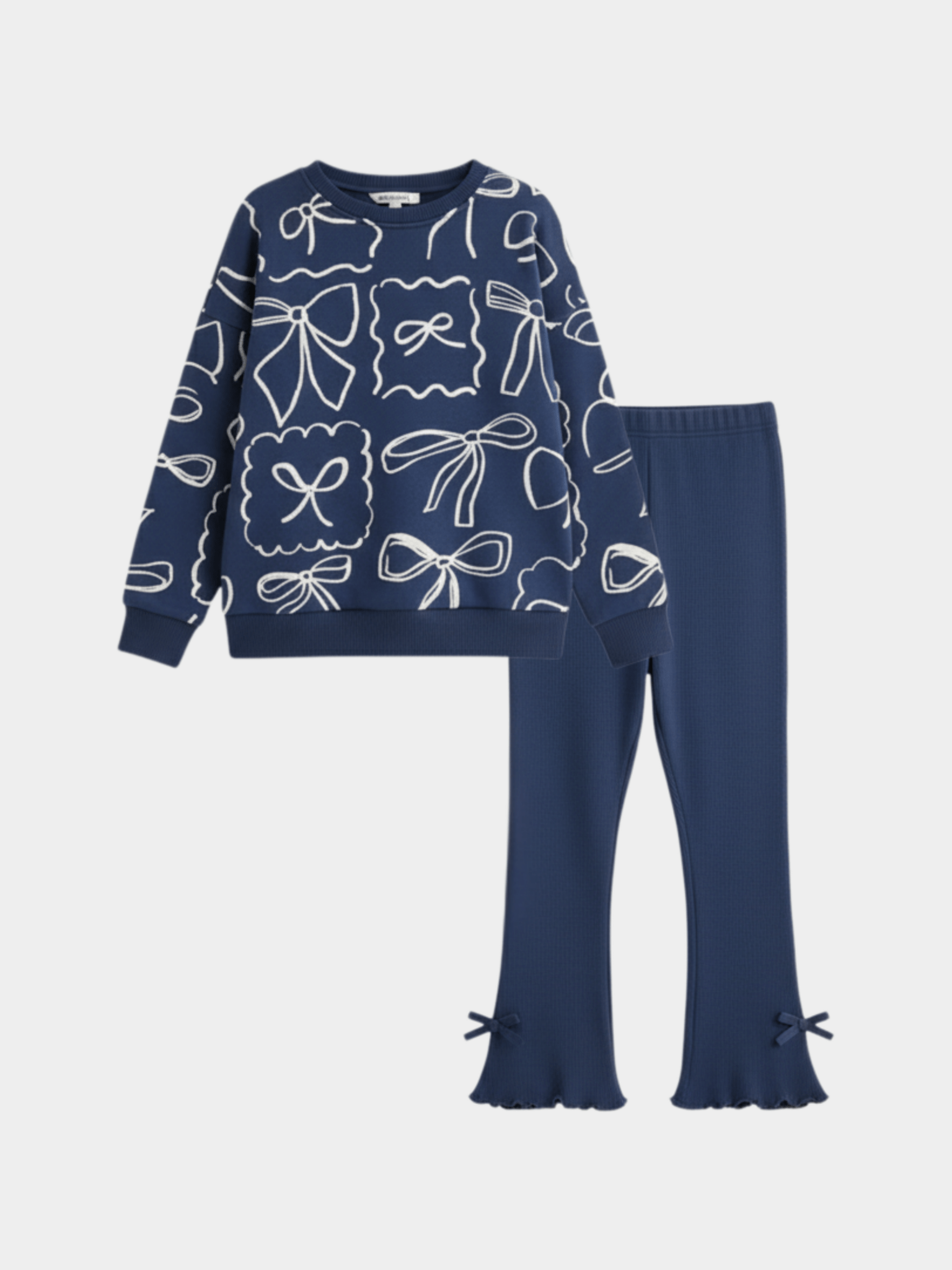 Girls' Navy Blue Bow Print Sweatshirt & Ribbed Flare Trousers with Ankle Bows Set