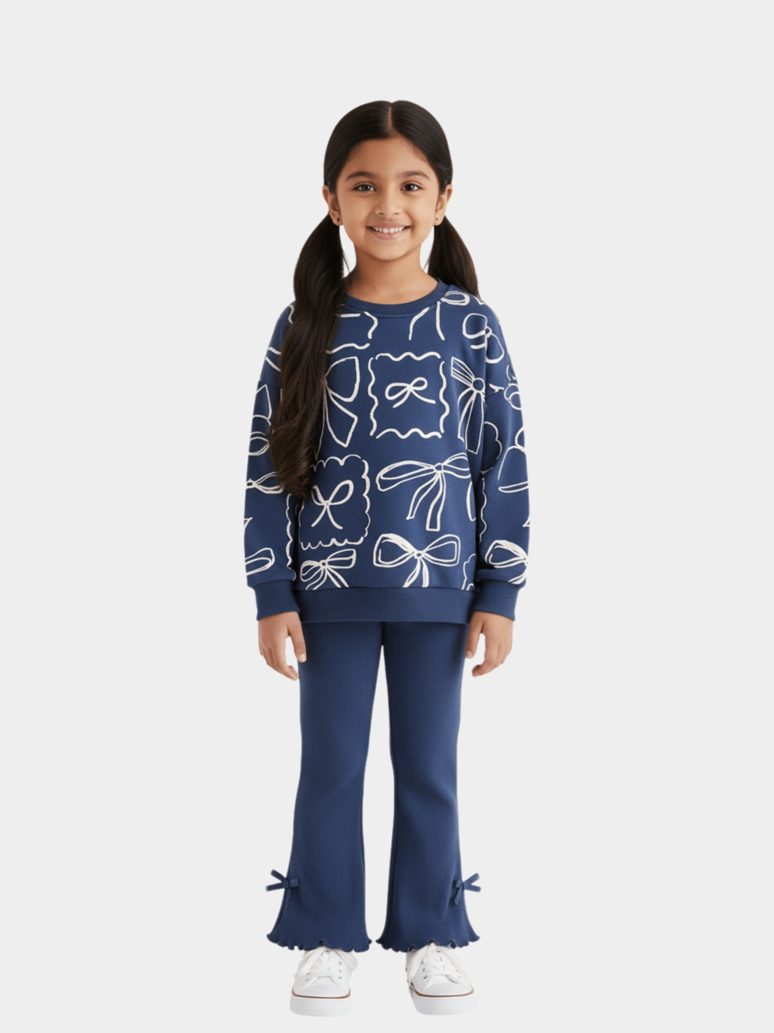 Girls' Navy Blue Bow Print Sweatshirt & Ribbed Flare Trousers with Ankle Bows Set
