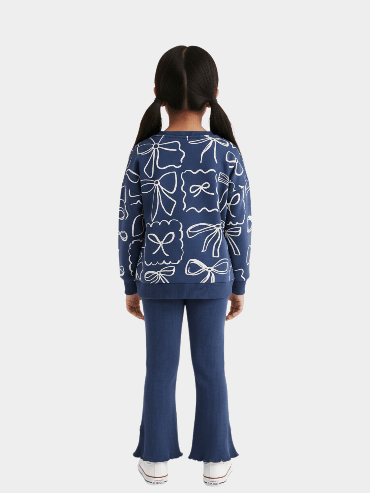 Girls' Navy Blue Bow Print Sweatshirt & Ribbed Flare Trousers with Ankle Bows Set