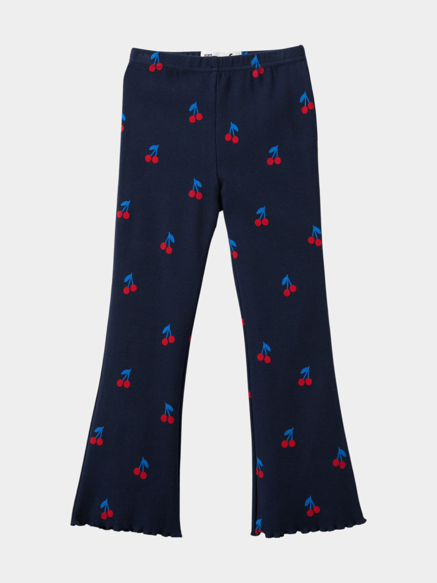 Girls' Navy Blue Cherry Print Ribbed Flared Pants