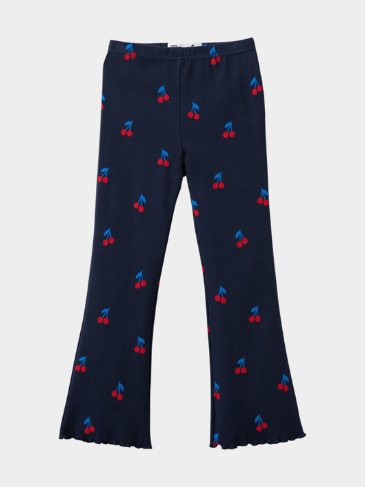 Girls' Navy Blue Cherry Print Ribbed Flared Pants
