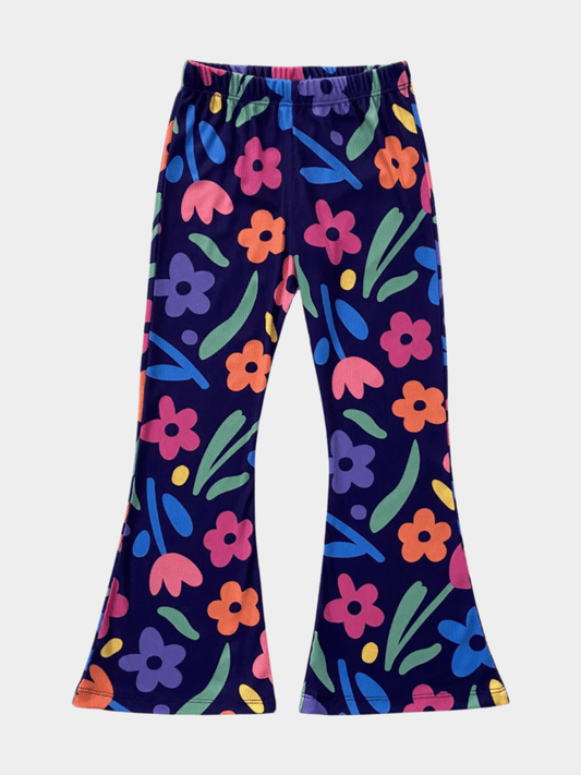 Girls' Navy Blue Floral Print Ribbed Flared Pants