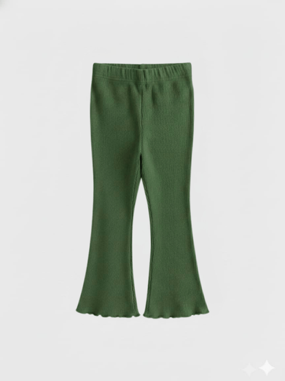 Girls Olive Green Ribbed Flared Leggings