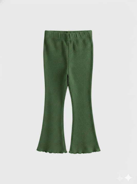 Girls Olive Green Ribbed Flared Leggings