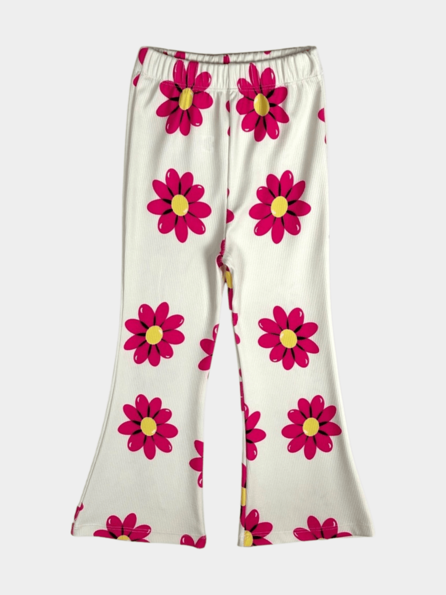Girls' Pink Daisy Print Ribbed Flared Pants