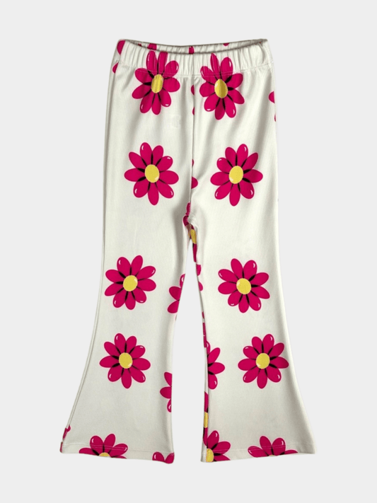 Girls' Pink Daisy Print Ribbed Flared Pants