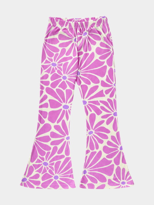 Girls' Pink & Purple Retro Daisy Print Ribbed Flared Pants
