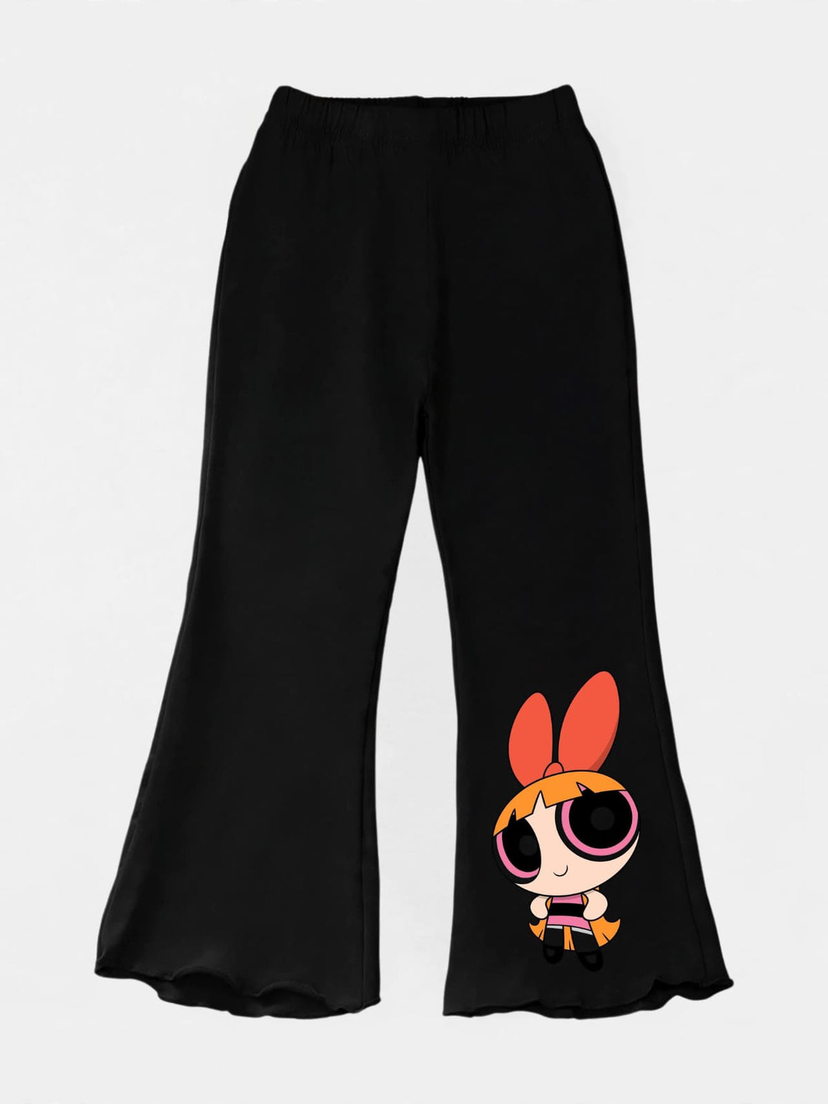 Girls black flare pants with Powerpuff Girls Blossom print and lettuce hem