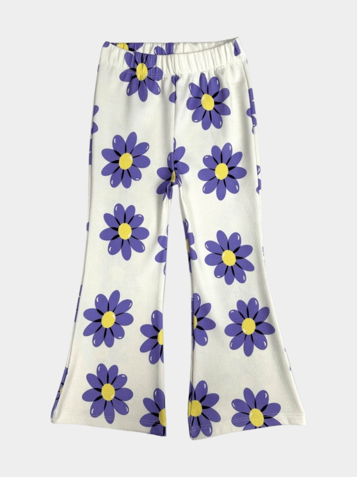 Girls' Purple Daisy Print Ribbed Flared Pants