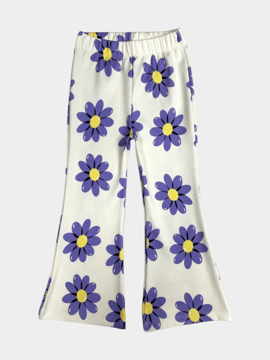 Girls' Purple Daisy Print Ribbed Flared Pants