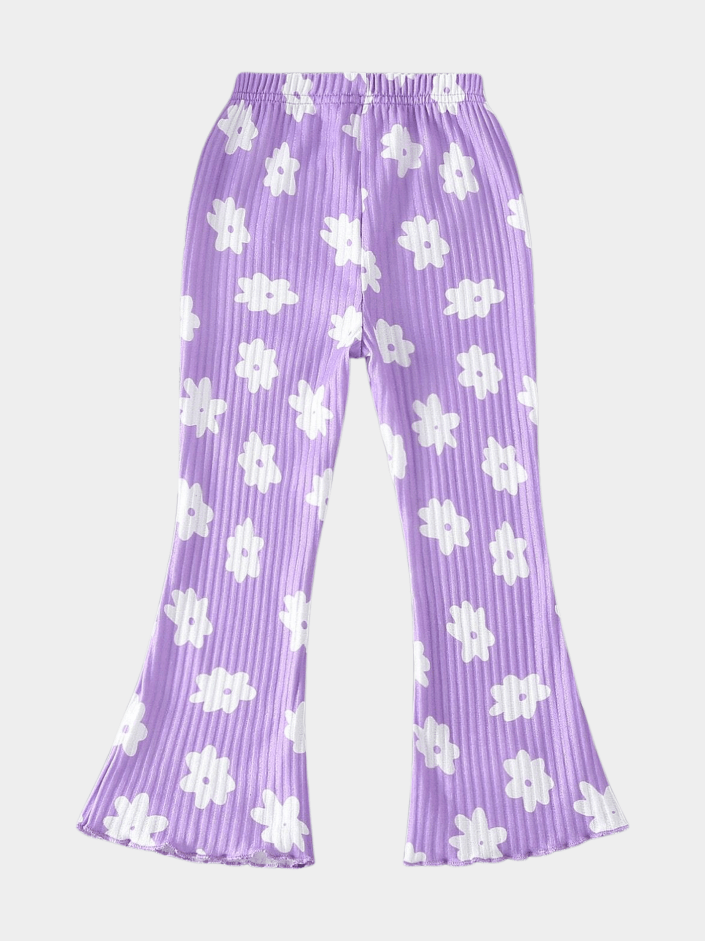 Girls Purple Floral Print Ribbed Flared Lounge Pants