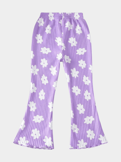 Girls Purple Floral Print Ribbed Flared Lounge Pants