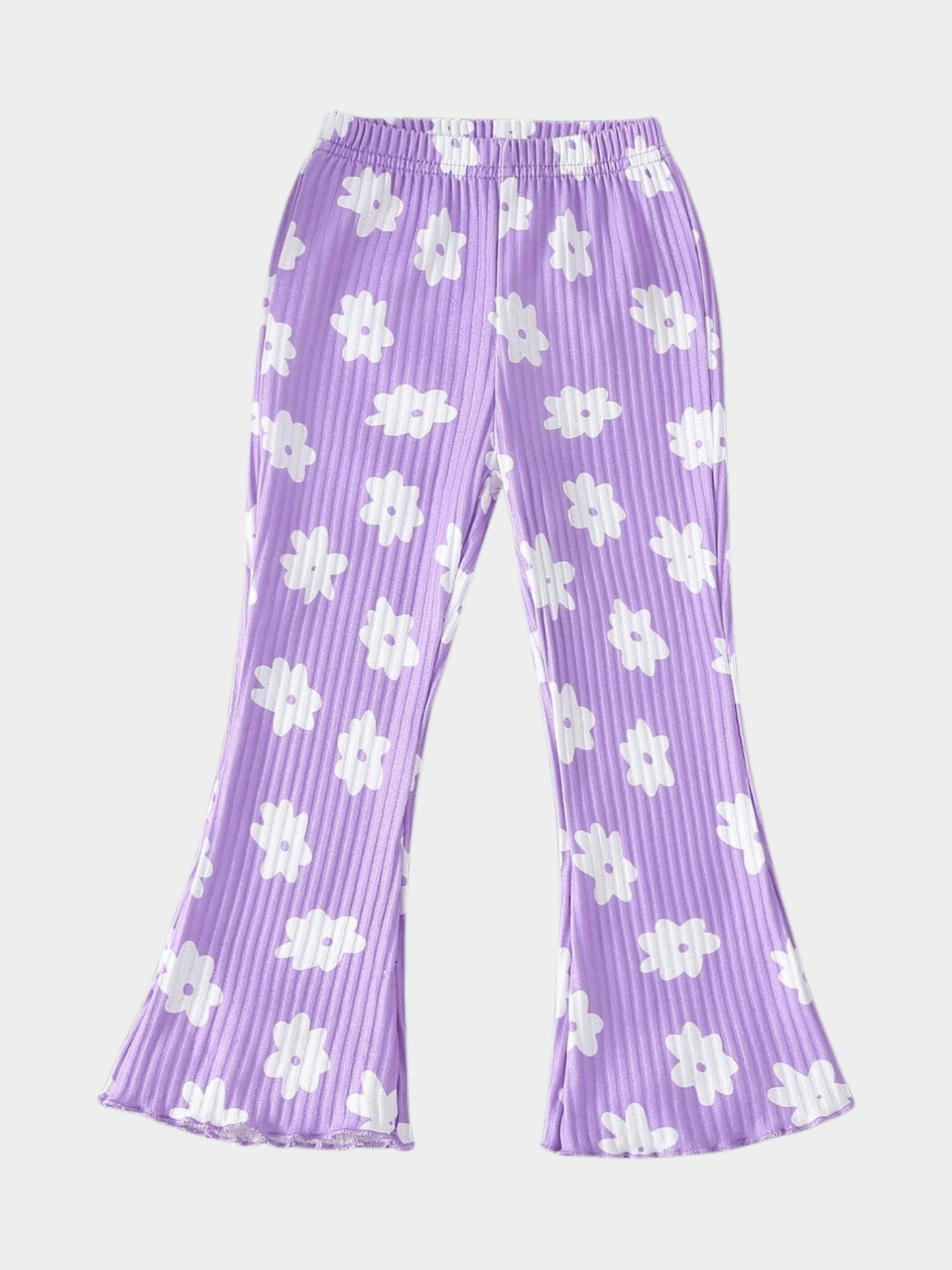 Girls Purple Floral Print Ribbed Flared Lounge Pants
