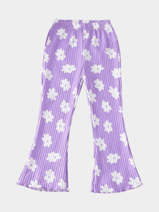 Girls Purple Floral Print Ribbed Flared Lounge Pants