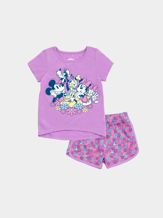 Girls' Purple Mickey Mouse & Friends Floral T-Shirt & Pink Shorts Set
