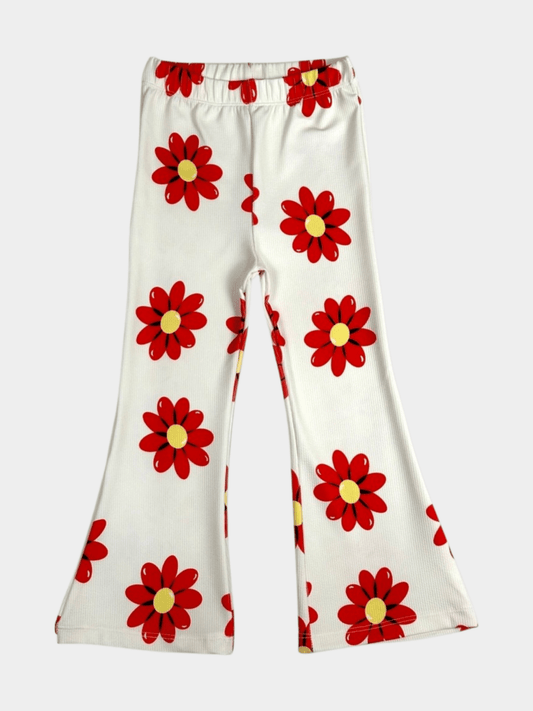 Girls' Red Daisy Print Ribbed Flared Pants
