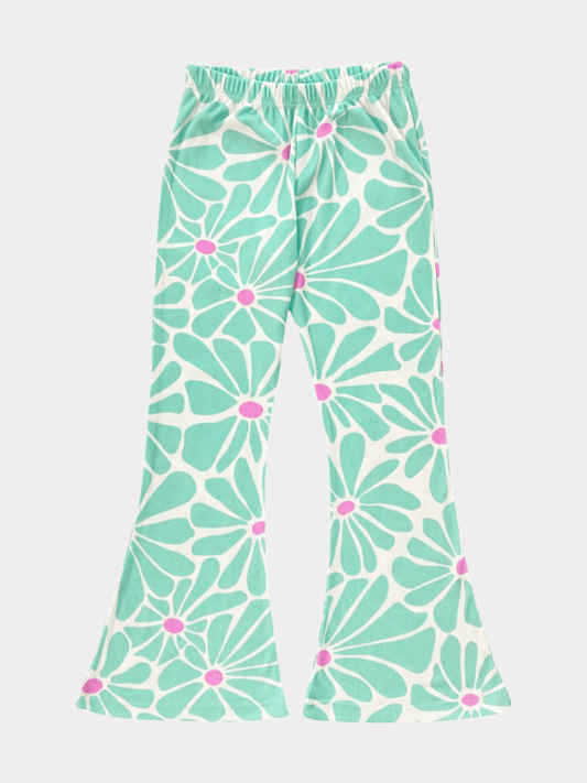 Girls' Retro Daisy Print Ribbed Flared Pants