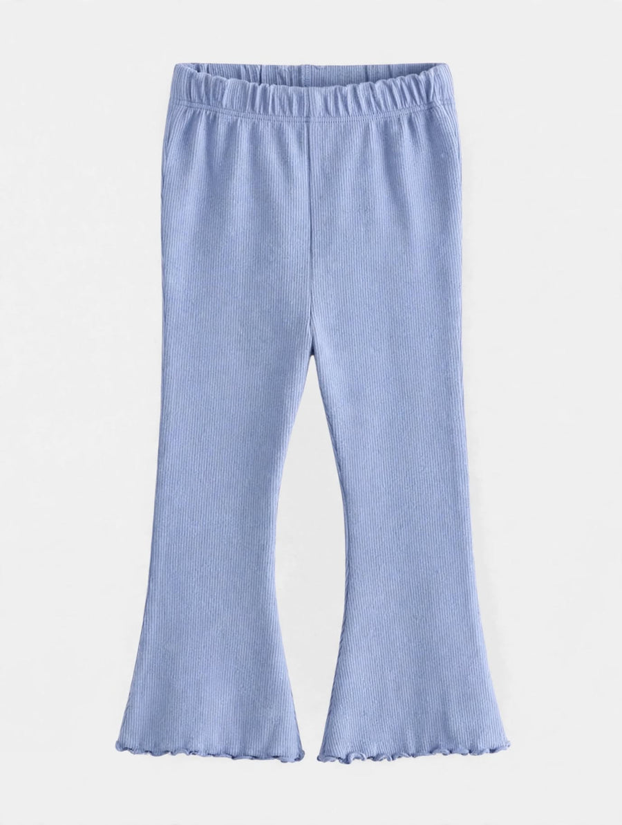 Girls blue ribbed lettuce-hem flare pants with elastic waist