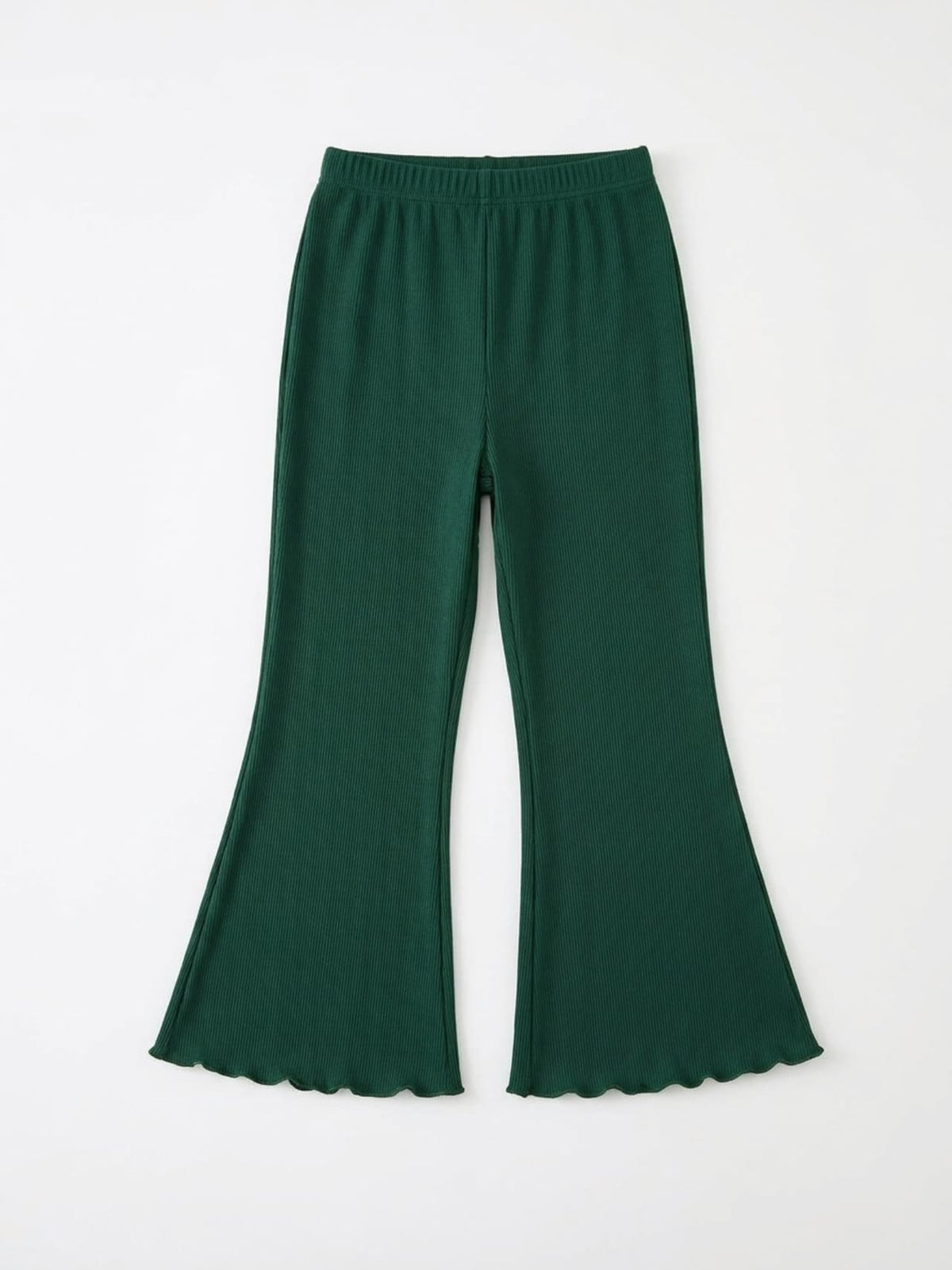 Girls Ribbed Lettuce-Hem Flare Pants - Green