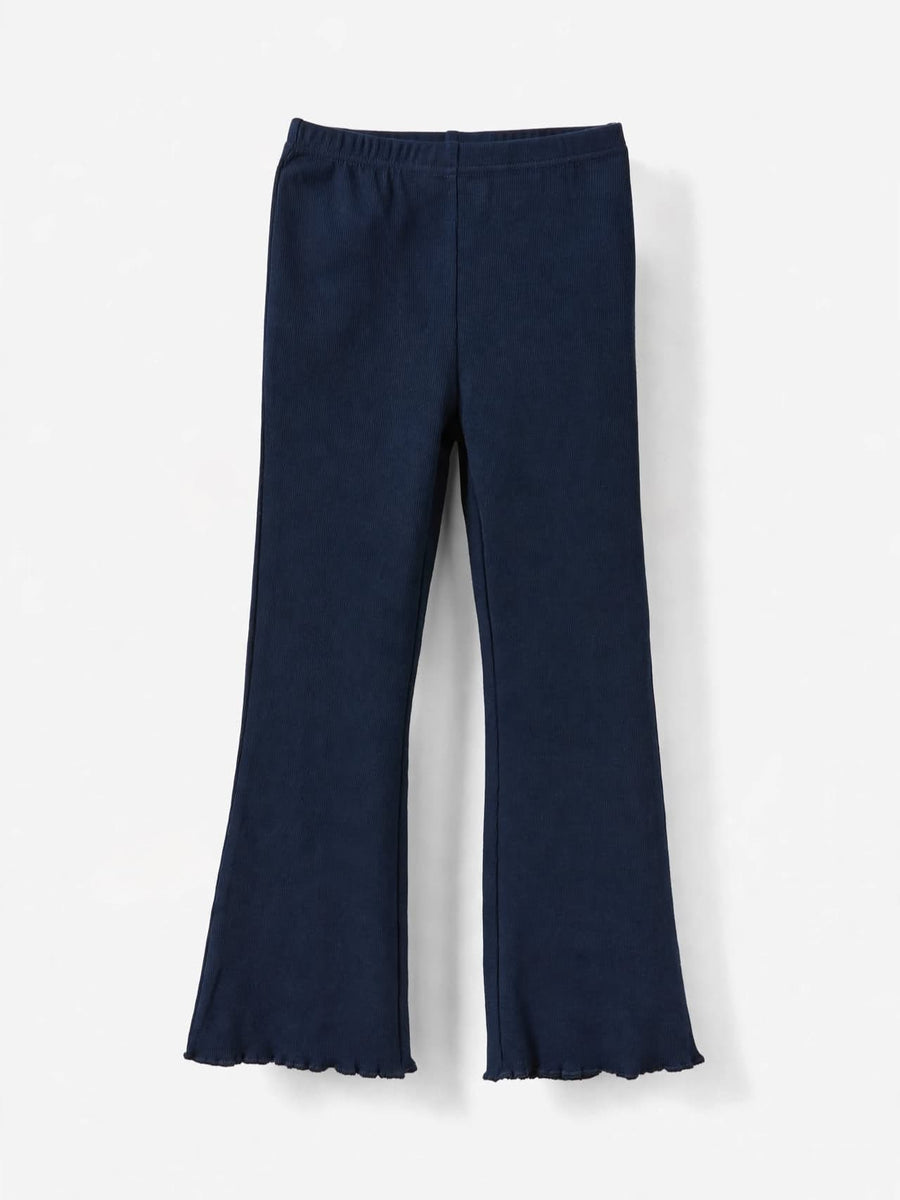 Girls Ribbed Lettuce-Hem Flare Pants - Navy