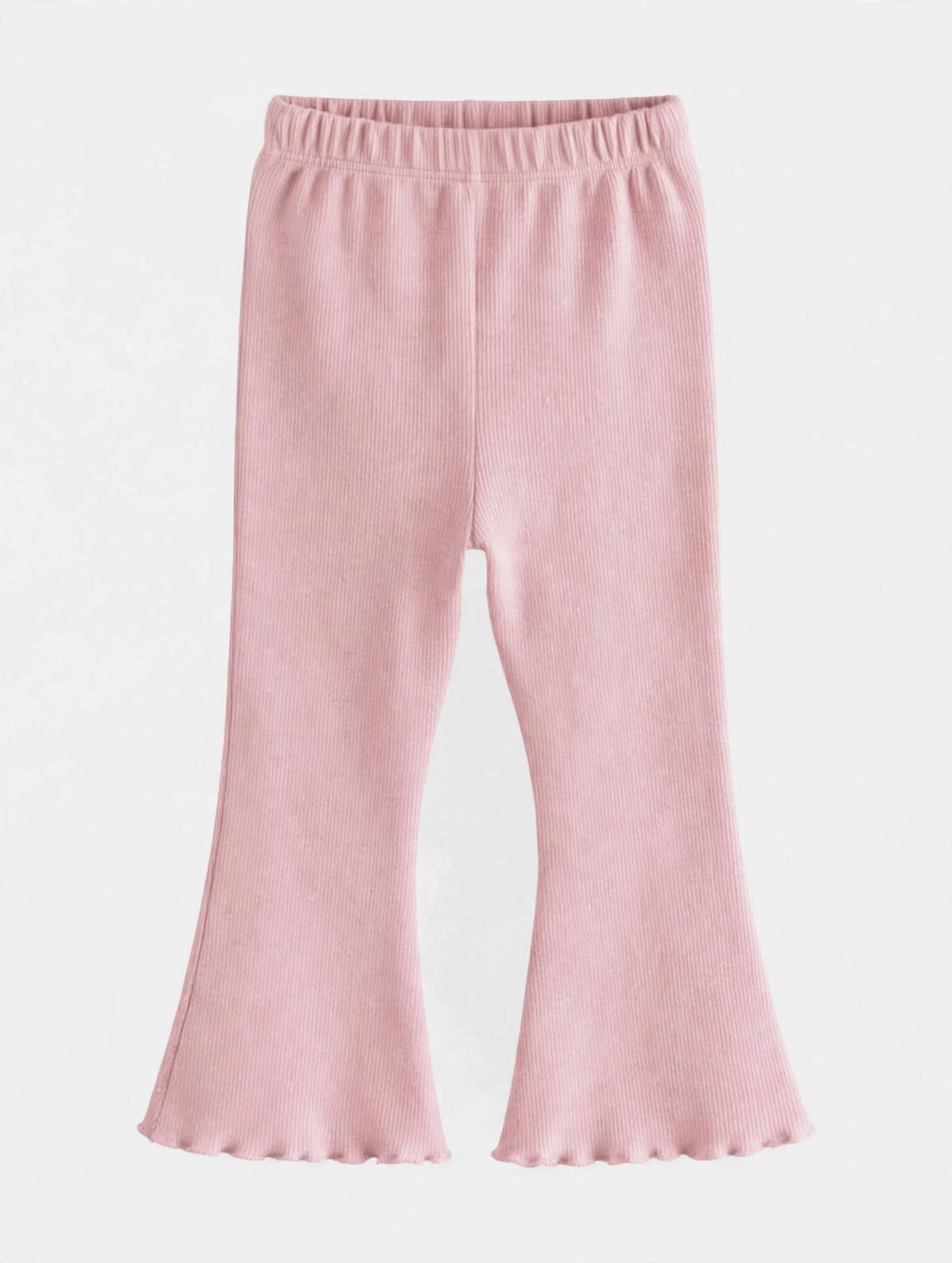 Girls pink ribbed lettuce-hem flare pants with elastic waist