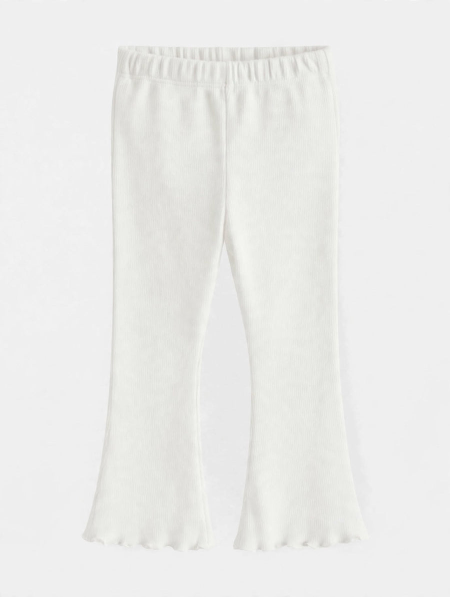 Girls white ribbed lettuce-hem flare pants with elastic waist