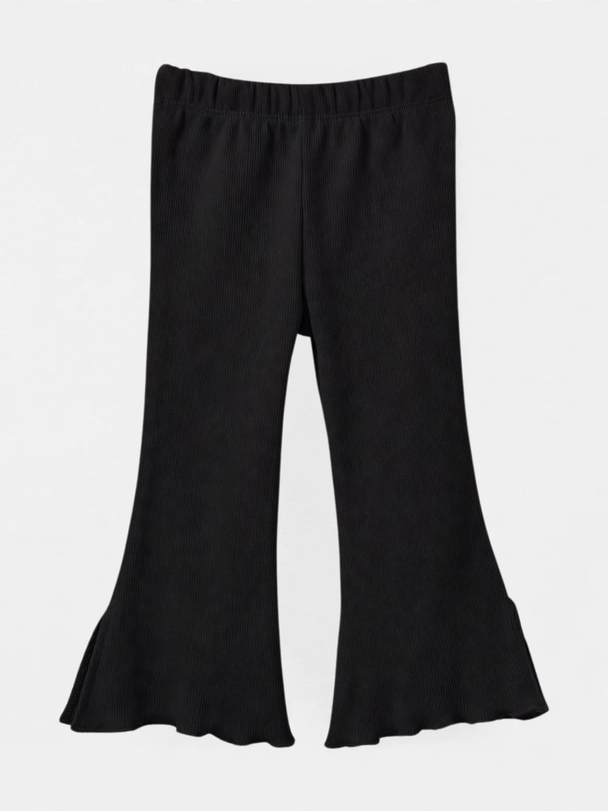 Girls black ribbed split-hem flare pants with elastic waist