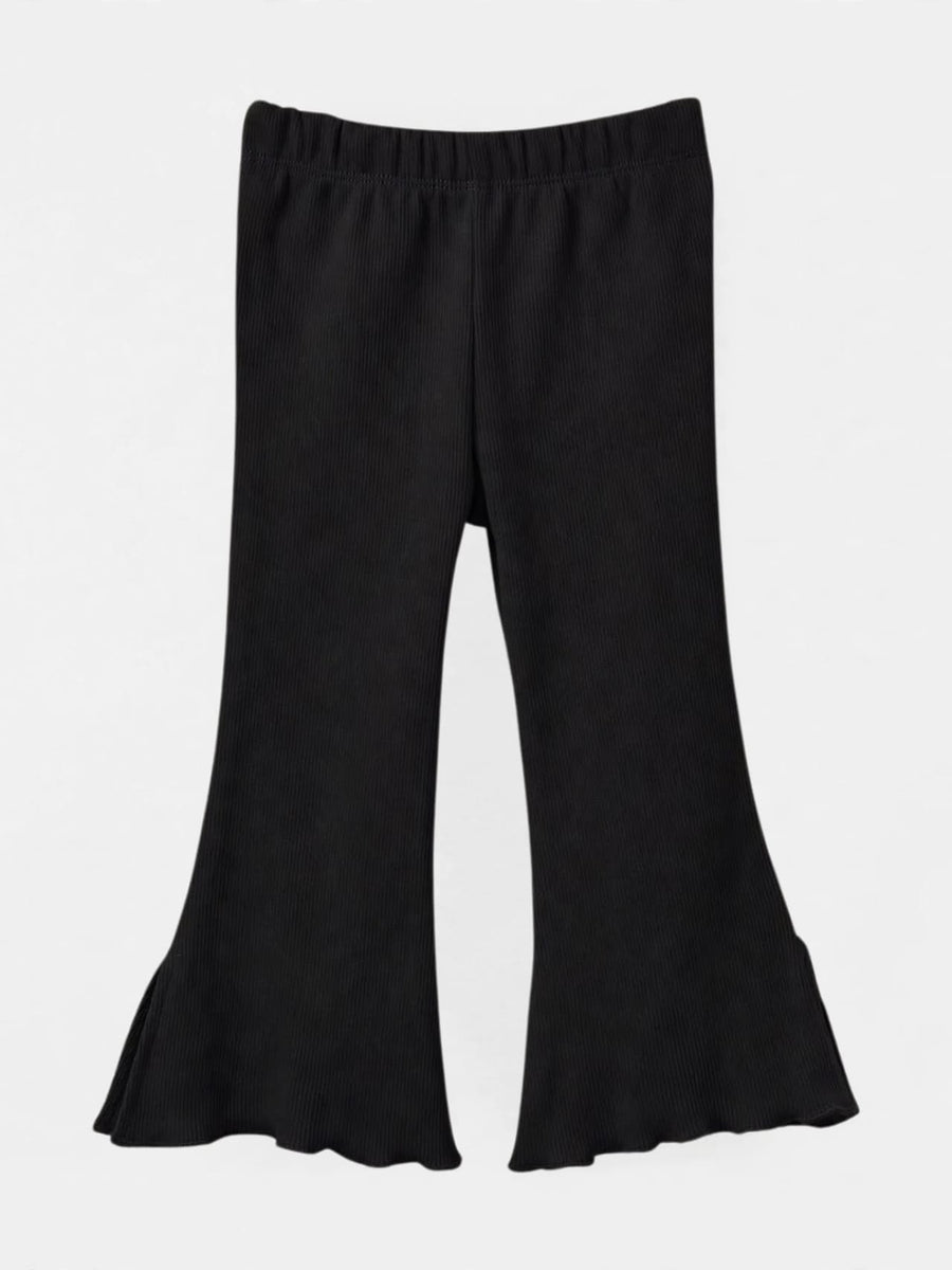 Girls Ribbed Split-Hem Flare Pants - Black