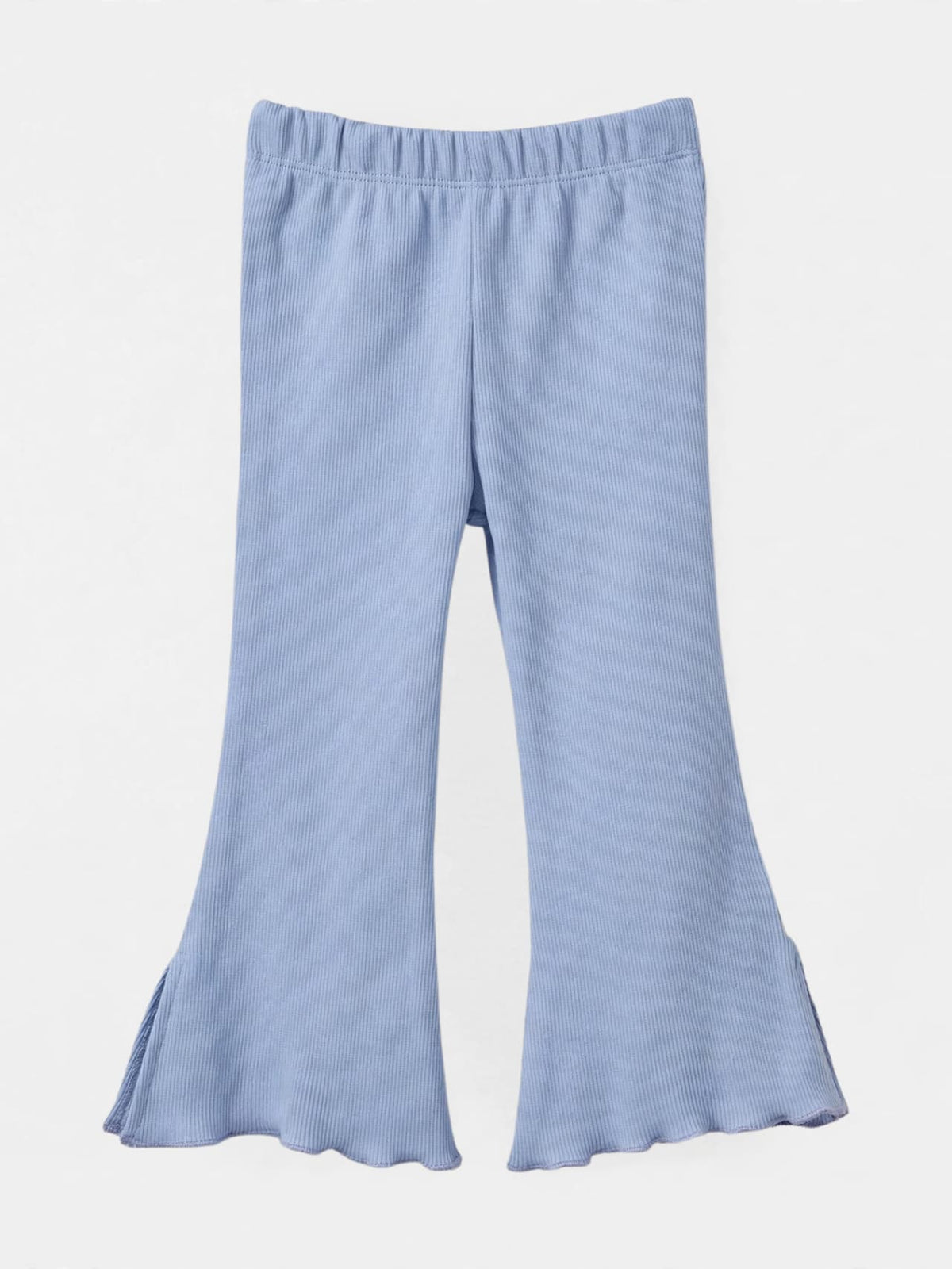Girls blue ribbed split-hem flare pants with elastic waist