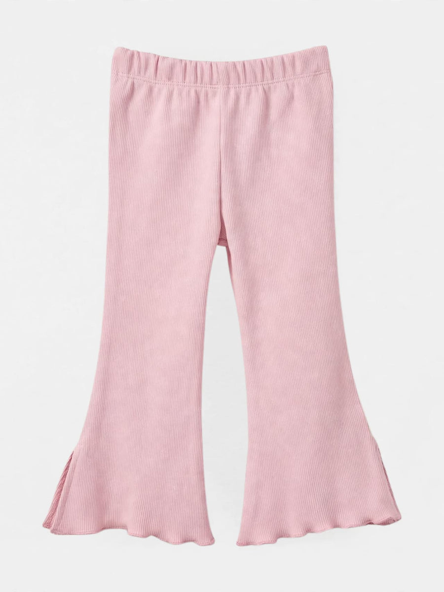 Girls pink ribbed split-hem flare pants with elastic waist