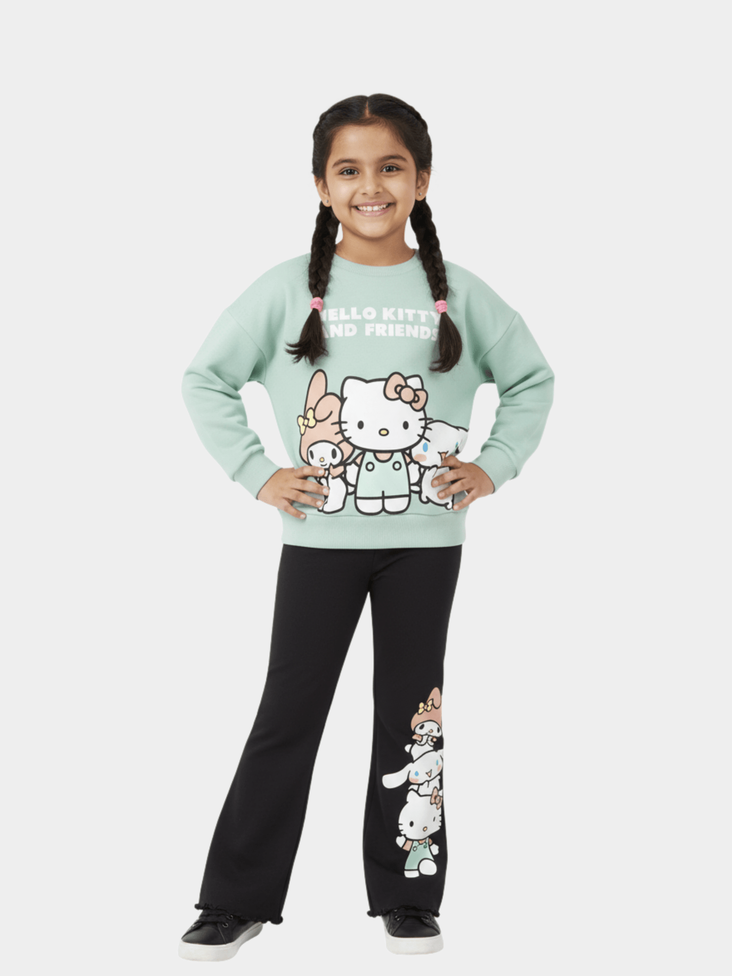 Girls' Sanrio Hello Kitty & Friends Mint Sweatshirt & Black Flare Trousers Set