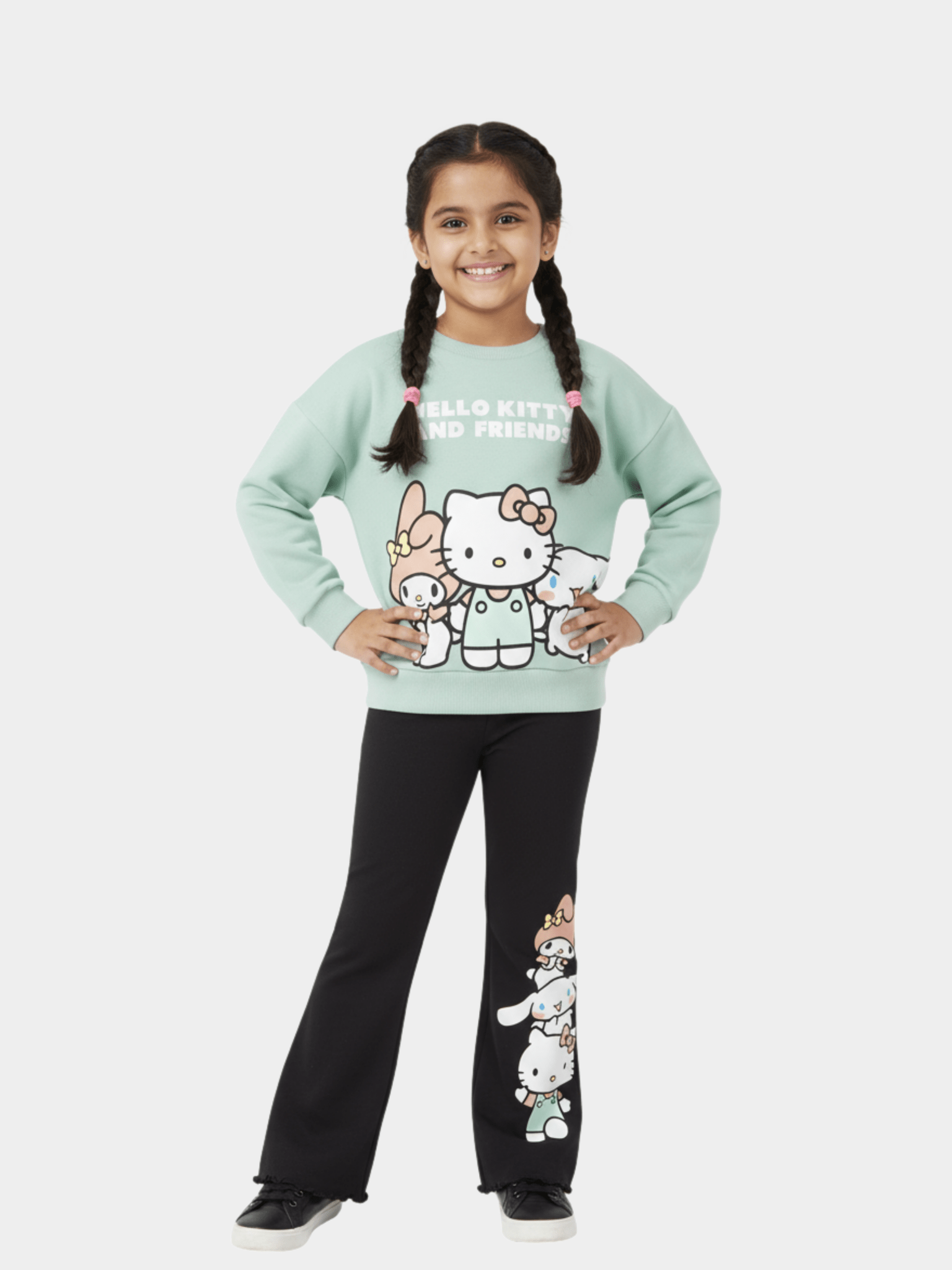 Girls' Sanrio Hello Kitty & Friends Mint Sweatshirt & Black Flare Trousers Set